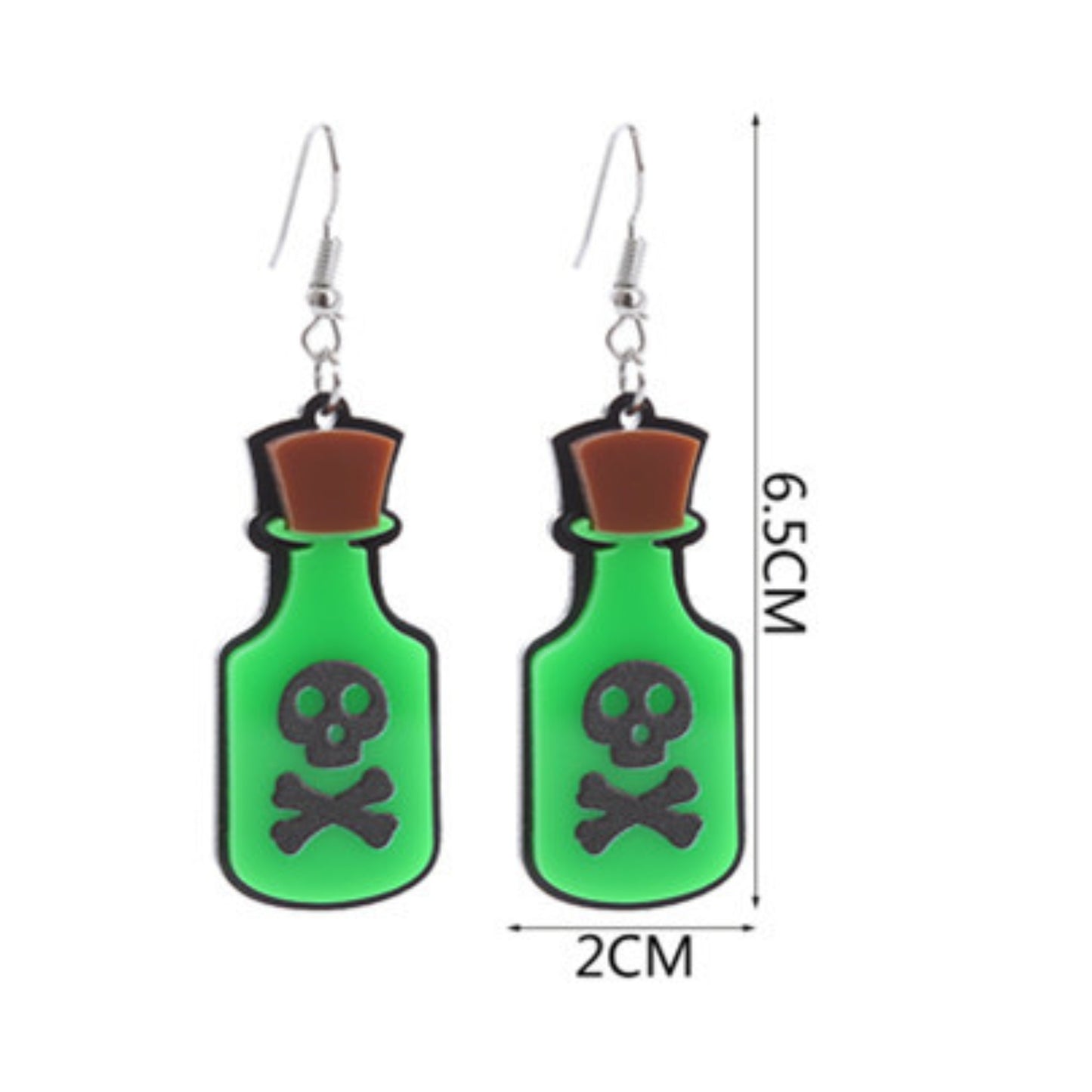Poison Potion Skull and Crossbones Bright Green Earrings BLACK TONE HARDWARE