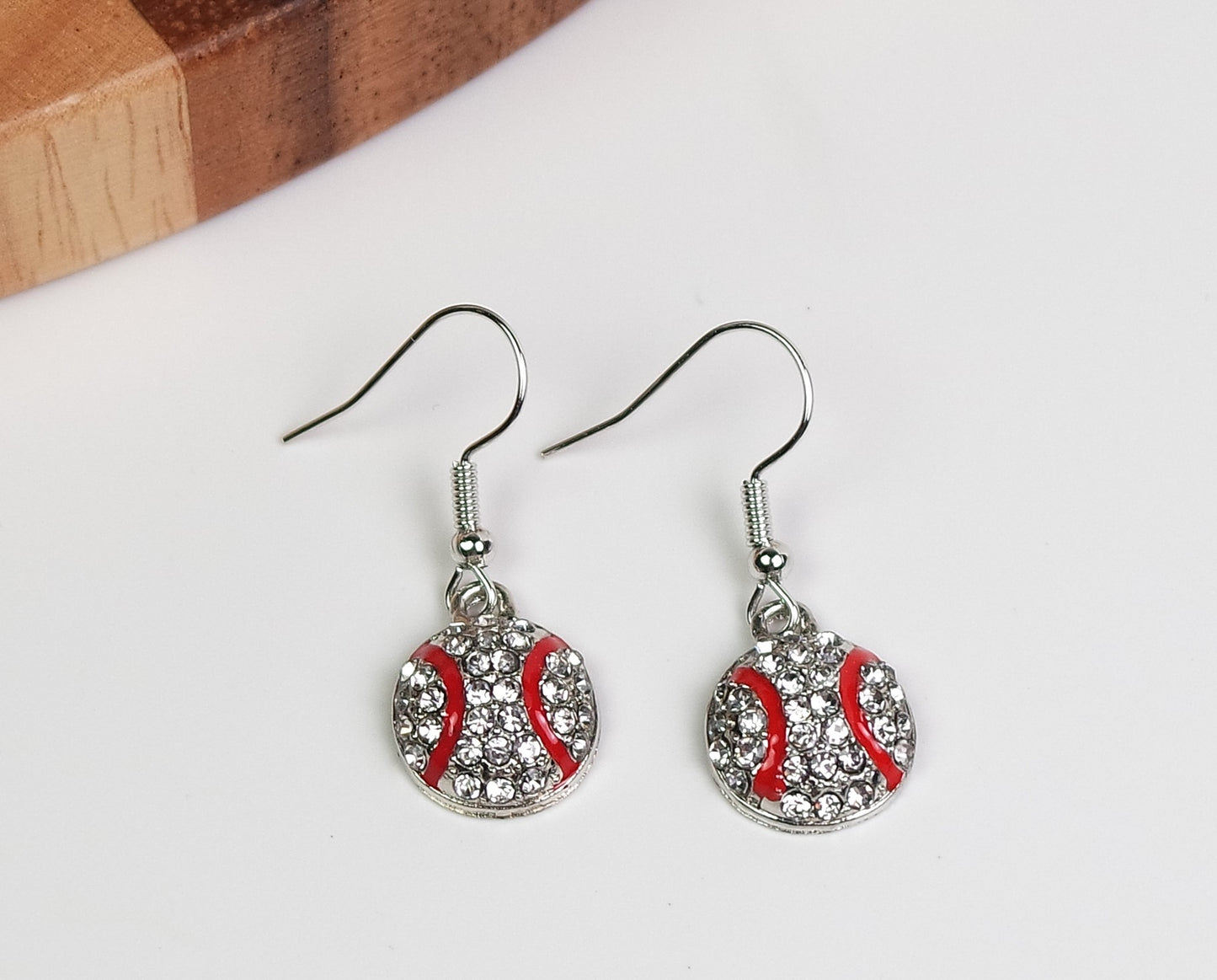 Baseball Charm Sparkling Crystal Dangle Earrings Rhinestone and Red