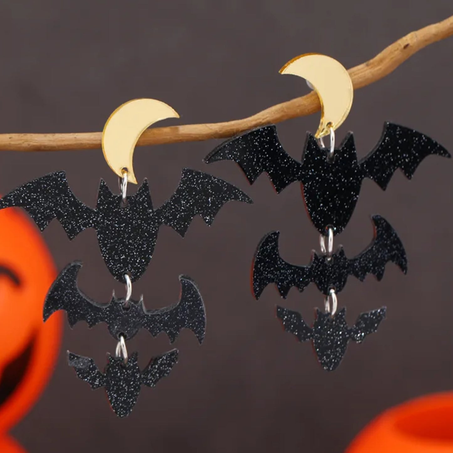 Black Glitter Bats and Moon Dangle Earrings