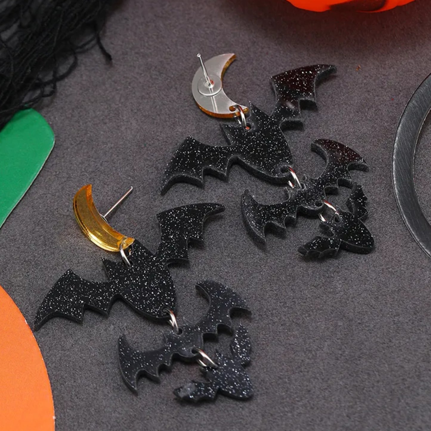 Black Glitter Bats and Moon Dangle Earrings