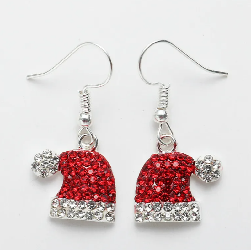 Red Santa hat earrings with clear stones on a white background