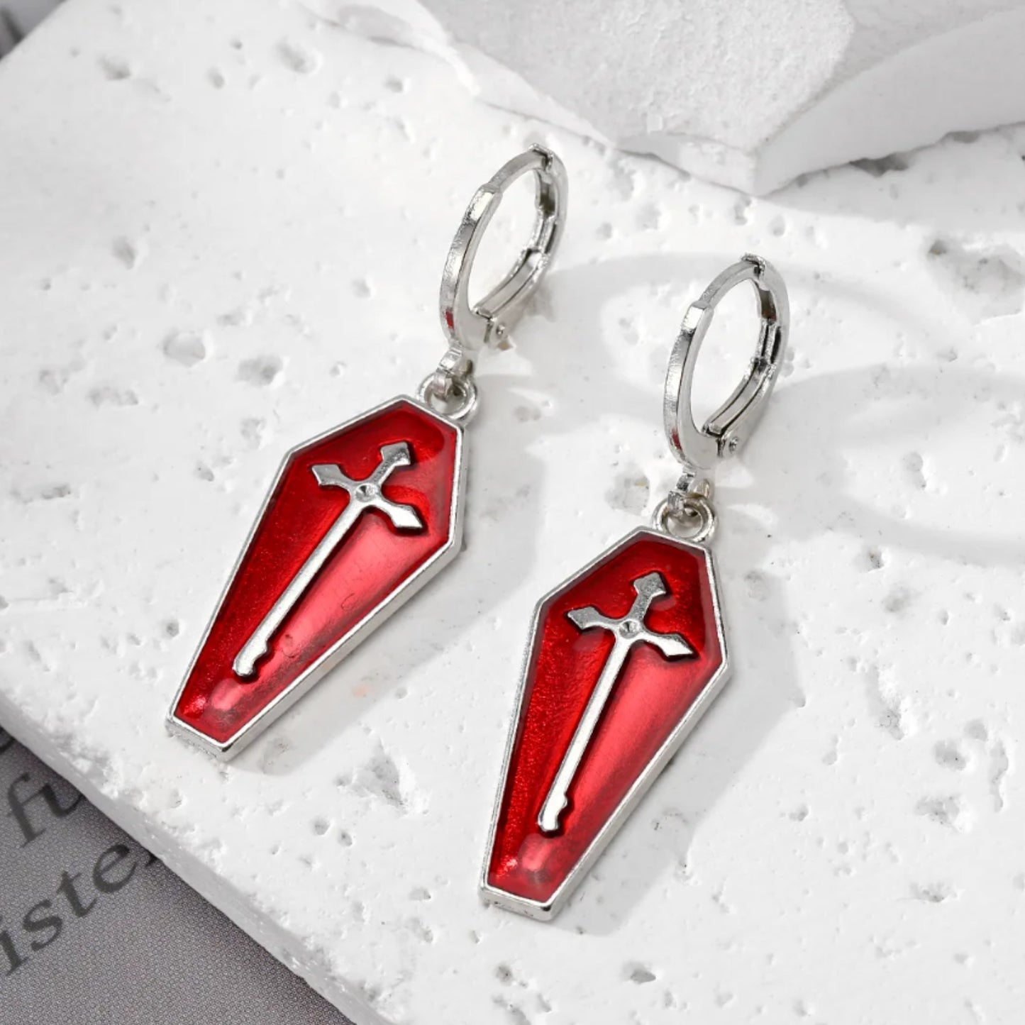 Cross Coffin Dangle Earrings Hugger Clasp in Silver Tone