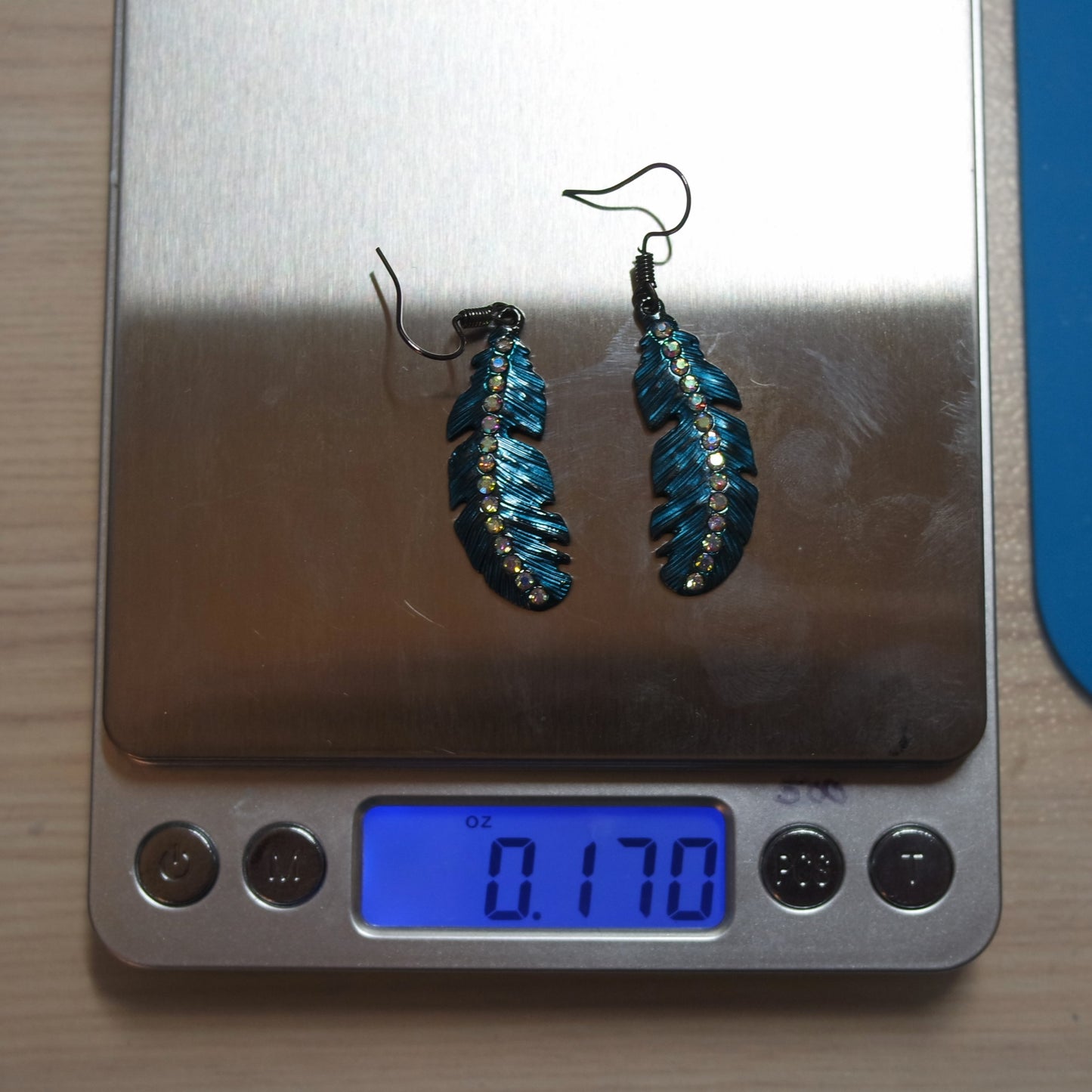 Blue Shimmer Feather with Rhinestone Accents Dangle Earrings