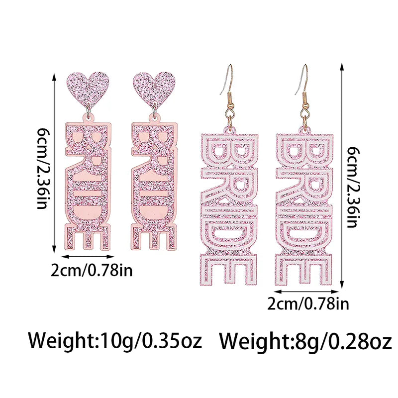 Drop Earrings with "Bride" in capital letters pink acrylic glitter