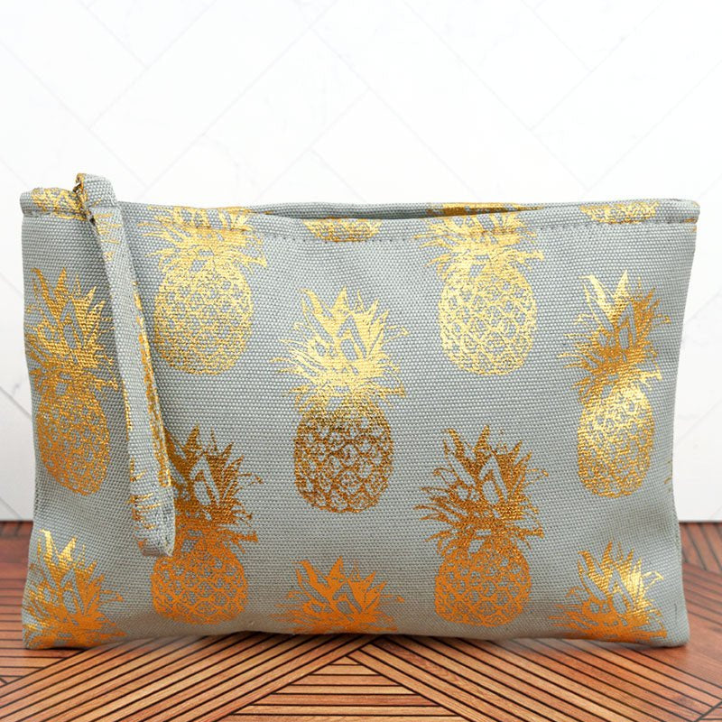 Golden Pineapple Canvas Wristlet Grey and Gold Metallic