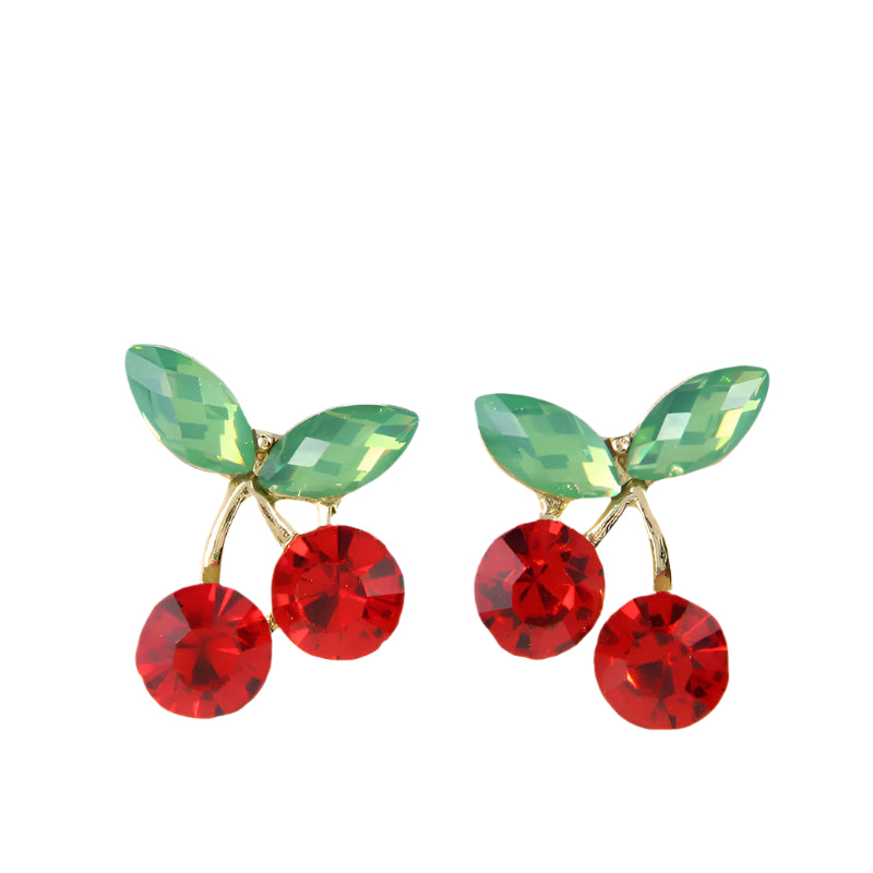 Cute Sparkle Cherry Red and Green Rhinestones Gold Stud Back Small Drop Earrings