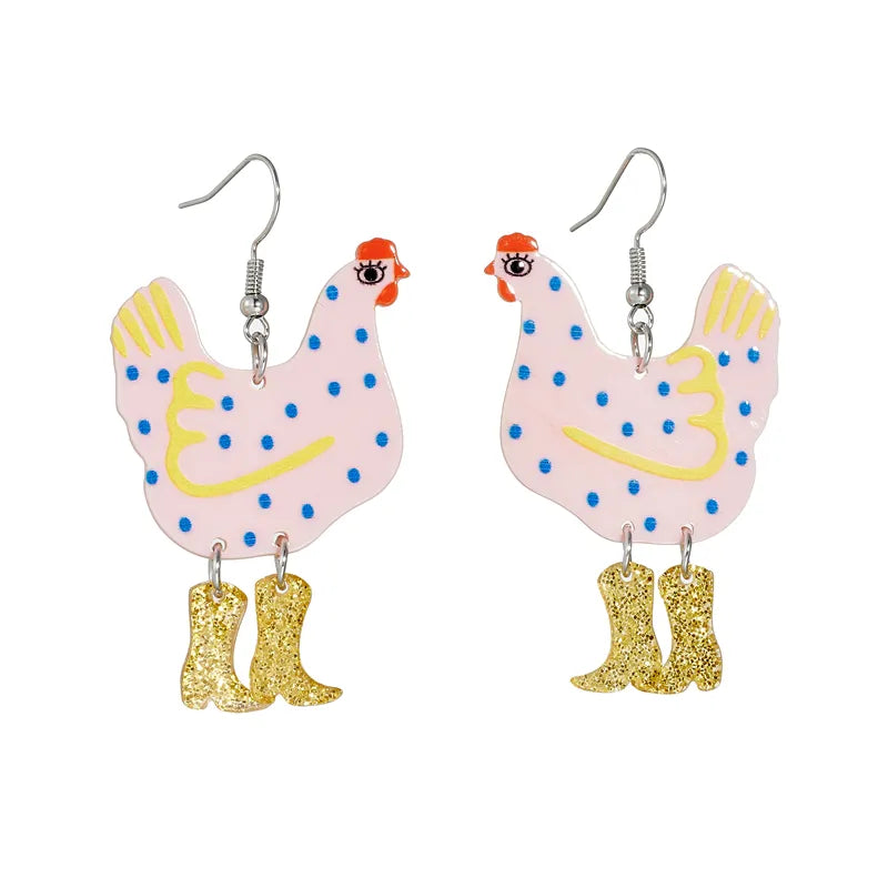 Crazy Chicken Lady Chick With Boots Dangle Earrings