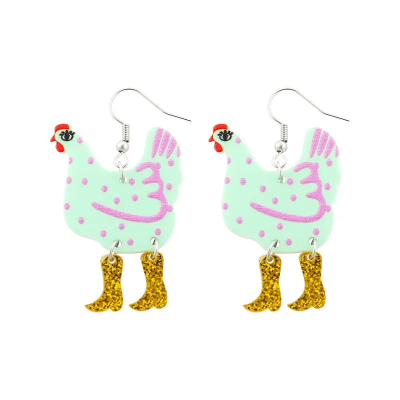 Crazy Chicken Lady Chick With Boots Dangle Earrings