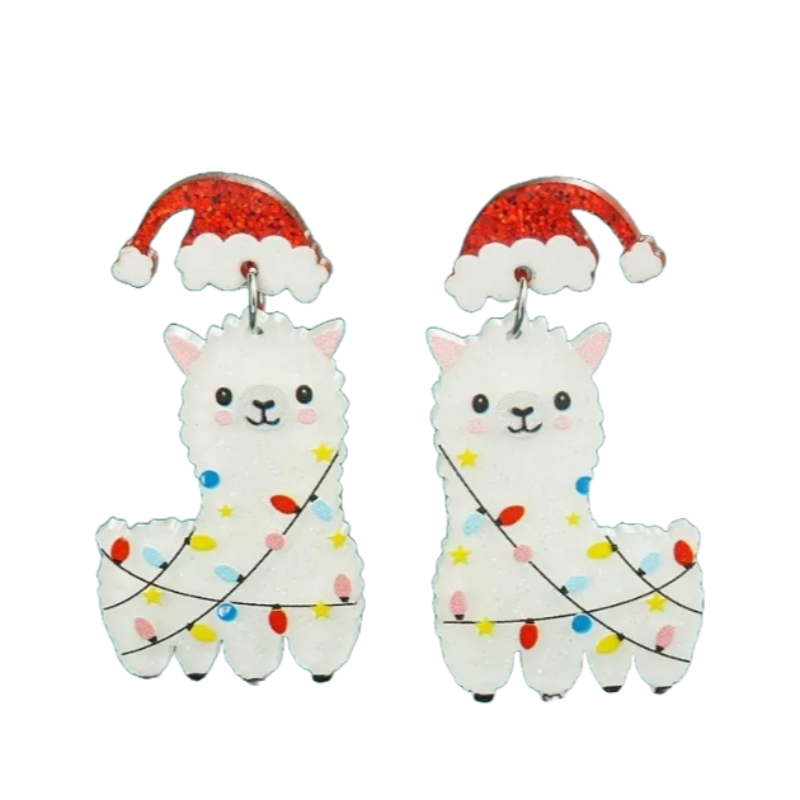 Christmas-themed llama earrings with Santa hats and lights on a white background
