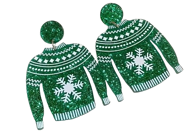 Christmas Sweater Snowflake Design Glitter Acrylic Dangle Earrings