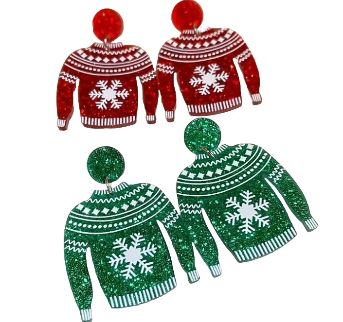 Christmas Sweater Snowflake Design Glitter Acrylic Dangle Earrings