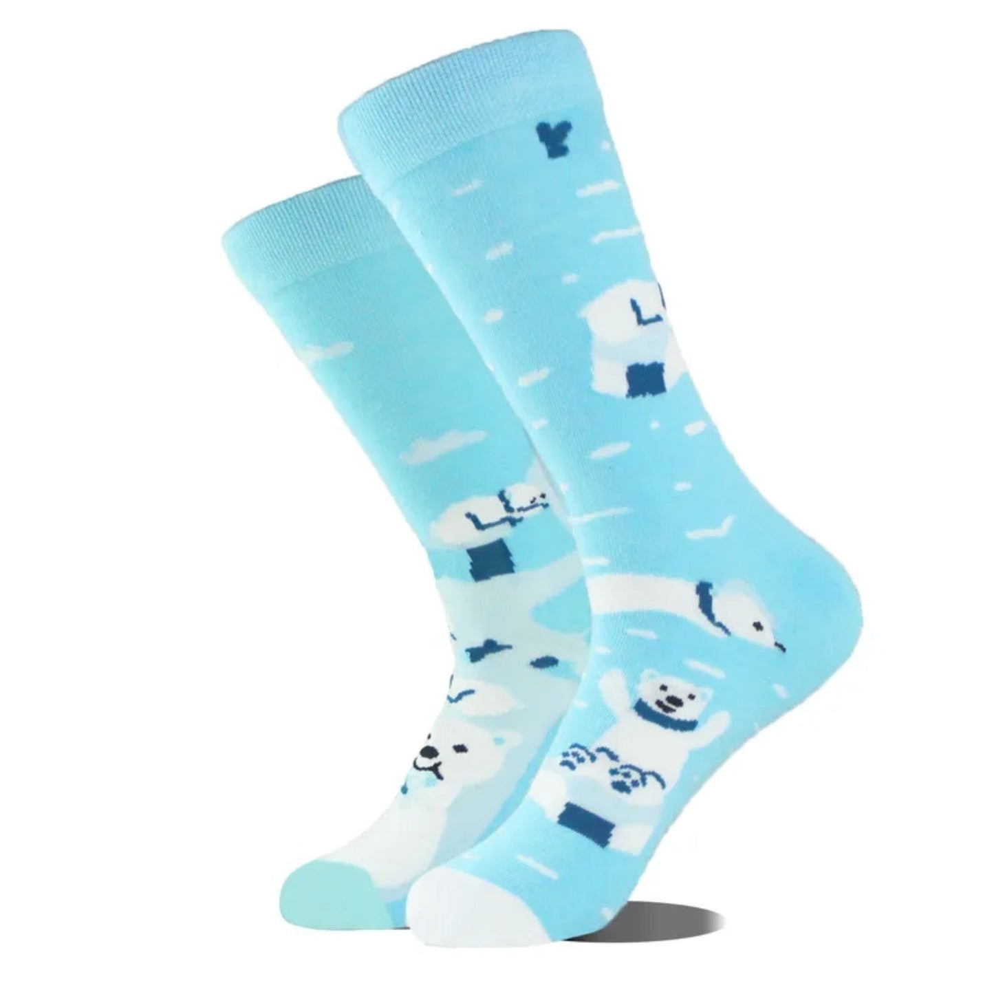 Light blue socks with polar bear designs on a white background