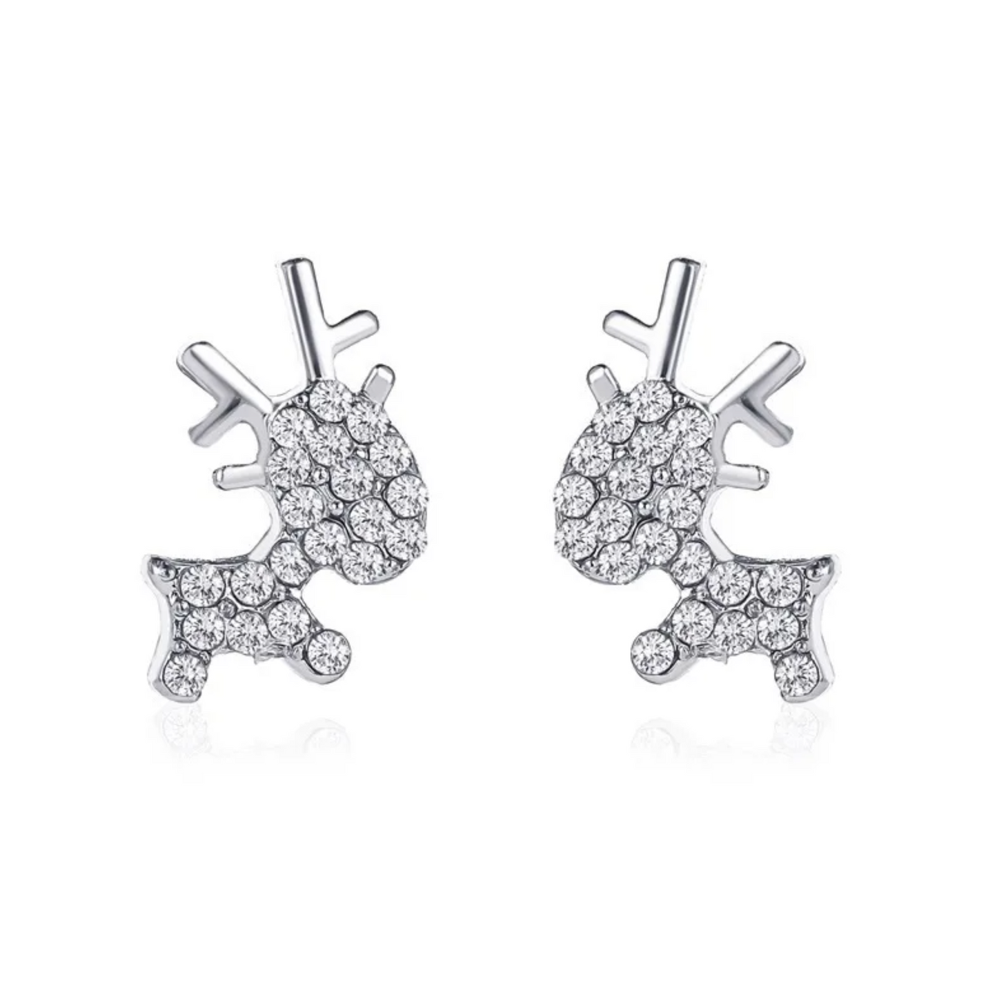 Crystal Encrusted Tiny Reindeer Stud Earrings Clear Stones Silver Tone