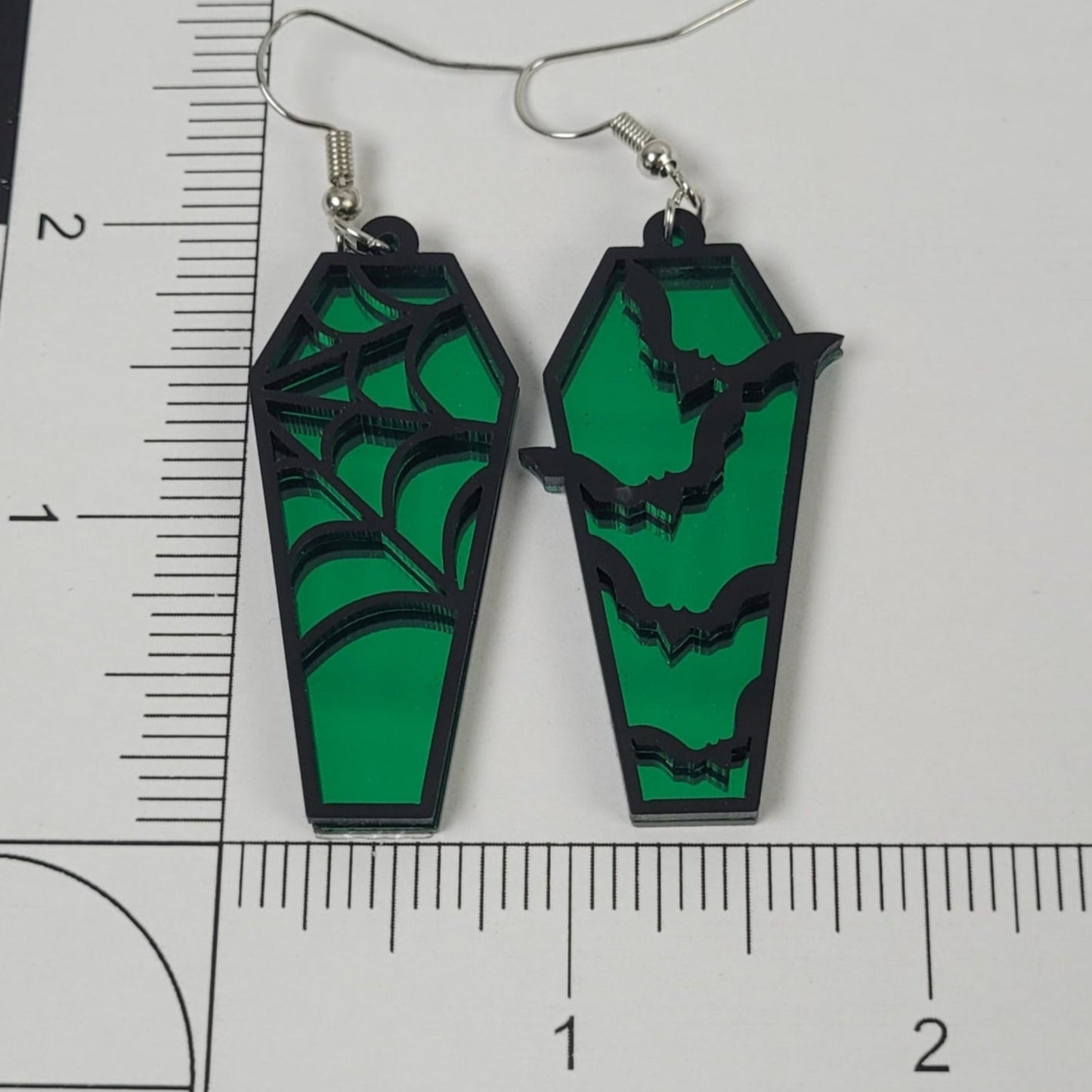 Coffin Shaped Dangle Earrings Green Mirror Halloween Theme with measurements