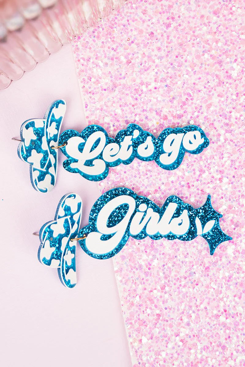 Cowboy Hat Let's Go Girls Dangle Earrings Turquois Acrylic and Glitter Gift for Her