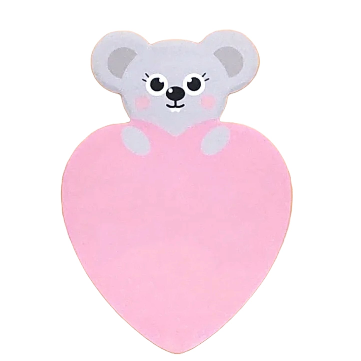 A cartoon-style mouse character holding a pink heart-shaped sticky note.