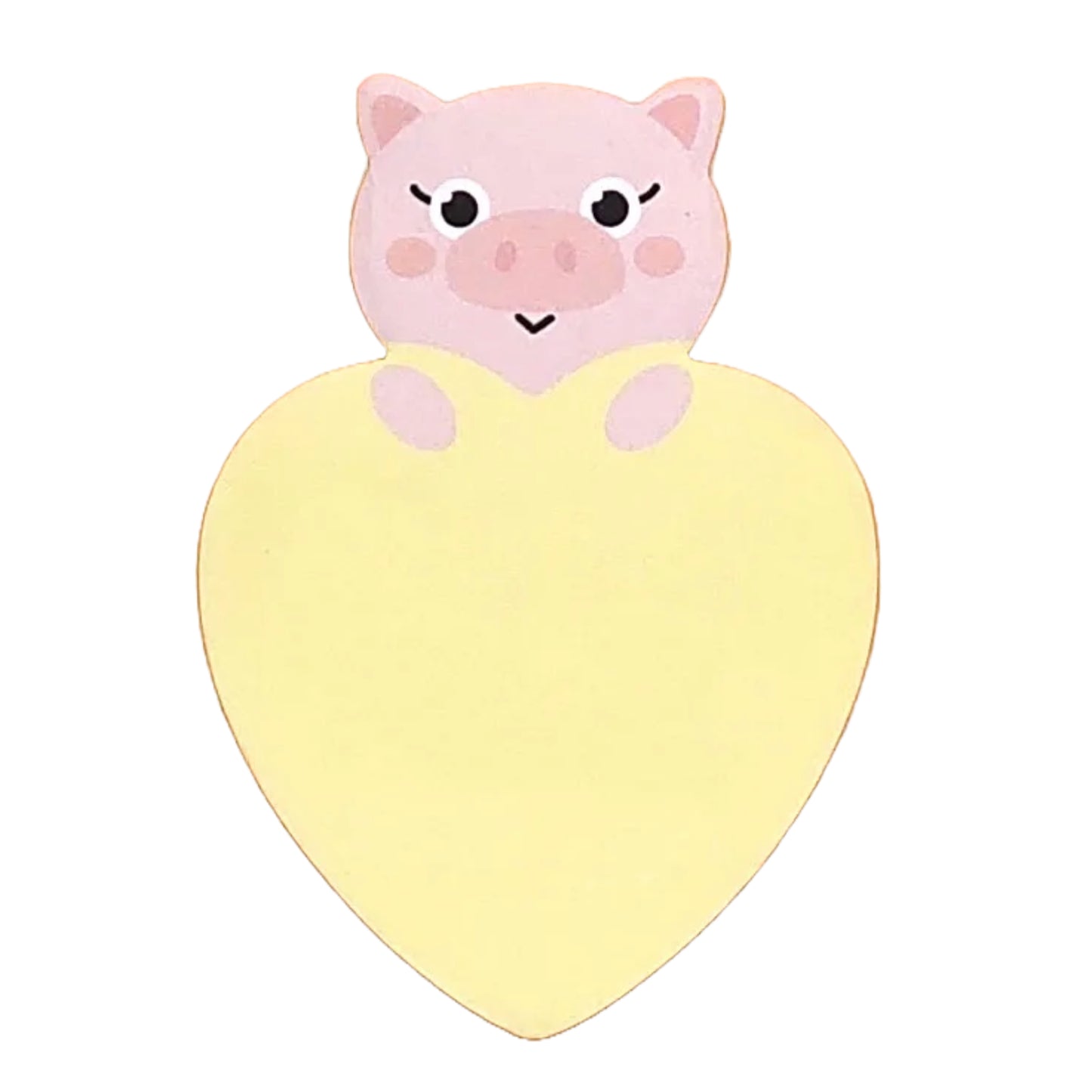 A heart-shaped pink sticky notepad with a cartoon pig design on the top edge.