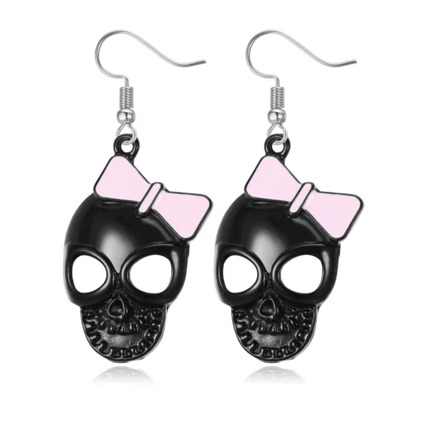 Sweet Pink Bows on Black Sugar Skull Charm Earrings