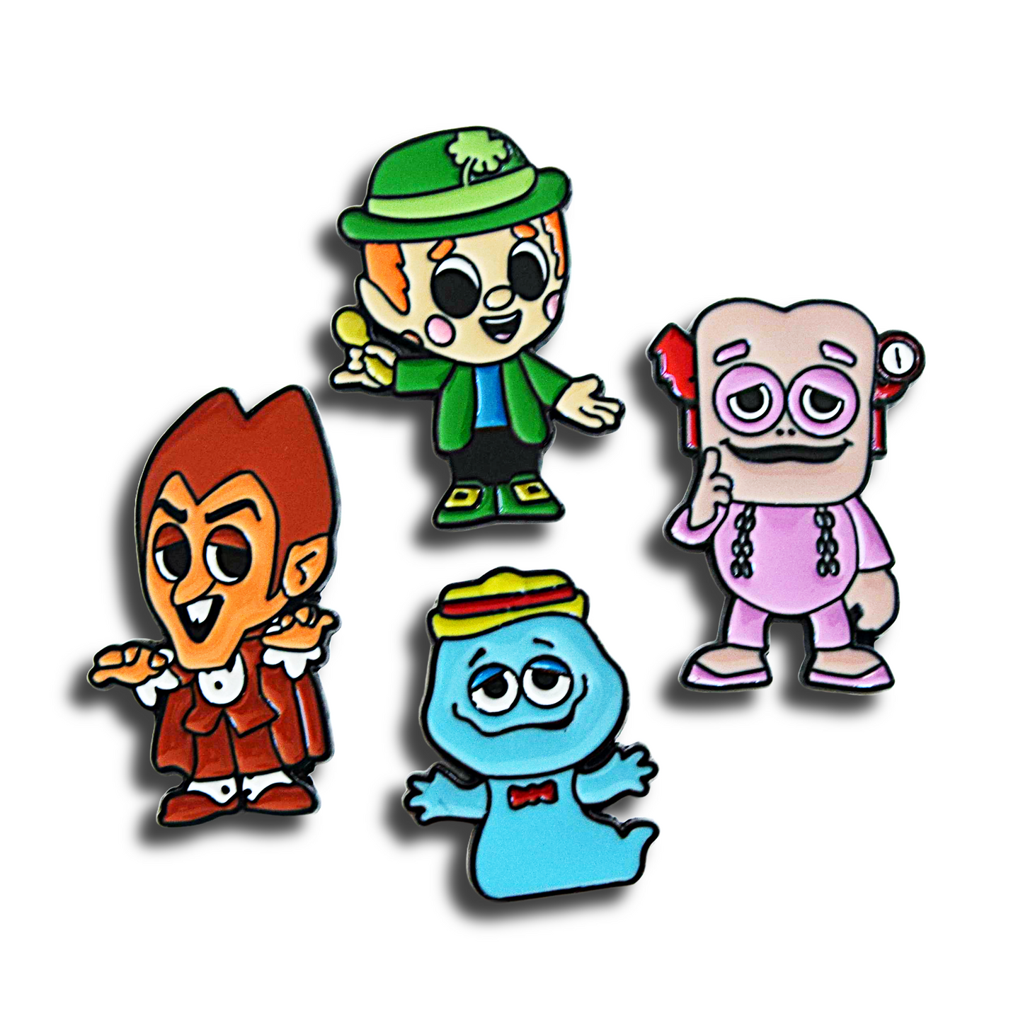 Four breakfast cereal colorful cartoon retro icon character pins on a white background
