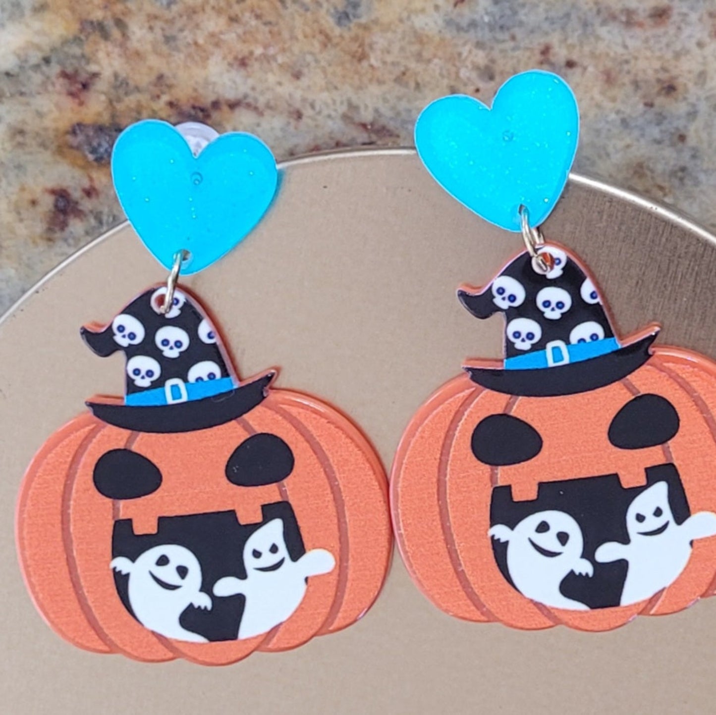 Everything Halloween Pumpkin Earrings Acrylic Dangle Lightweight on gold background