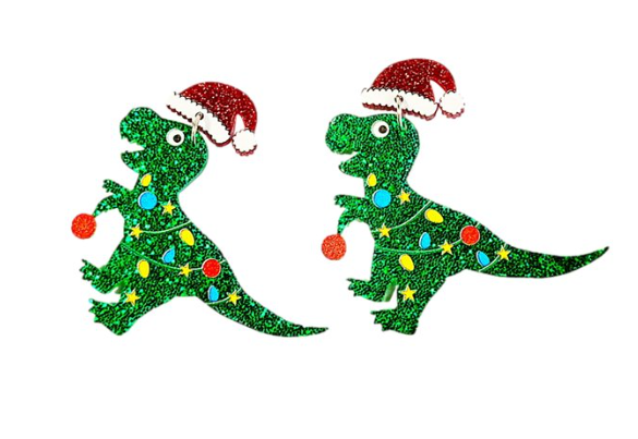 Happy Christmas Party Dinosaur Acrylic Dangle Earrings Green Glitter