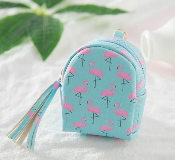 Flamingo Print Mini Purse Pouch Keychain Aqua and Bright Pink