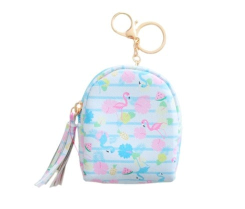 Flamingo Tropical Print Mini Purse Pouch Keychain Light Blue Pink