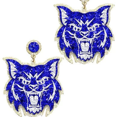 Dangle earrings in shape of wildcat head. Blue White sparkle for Kentucky Wildcat fans.