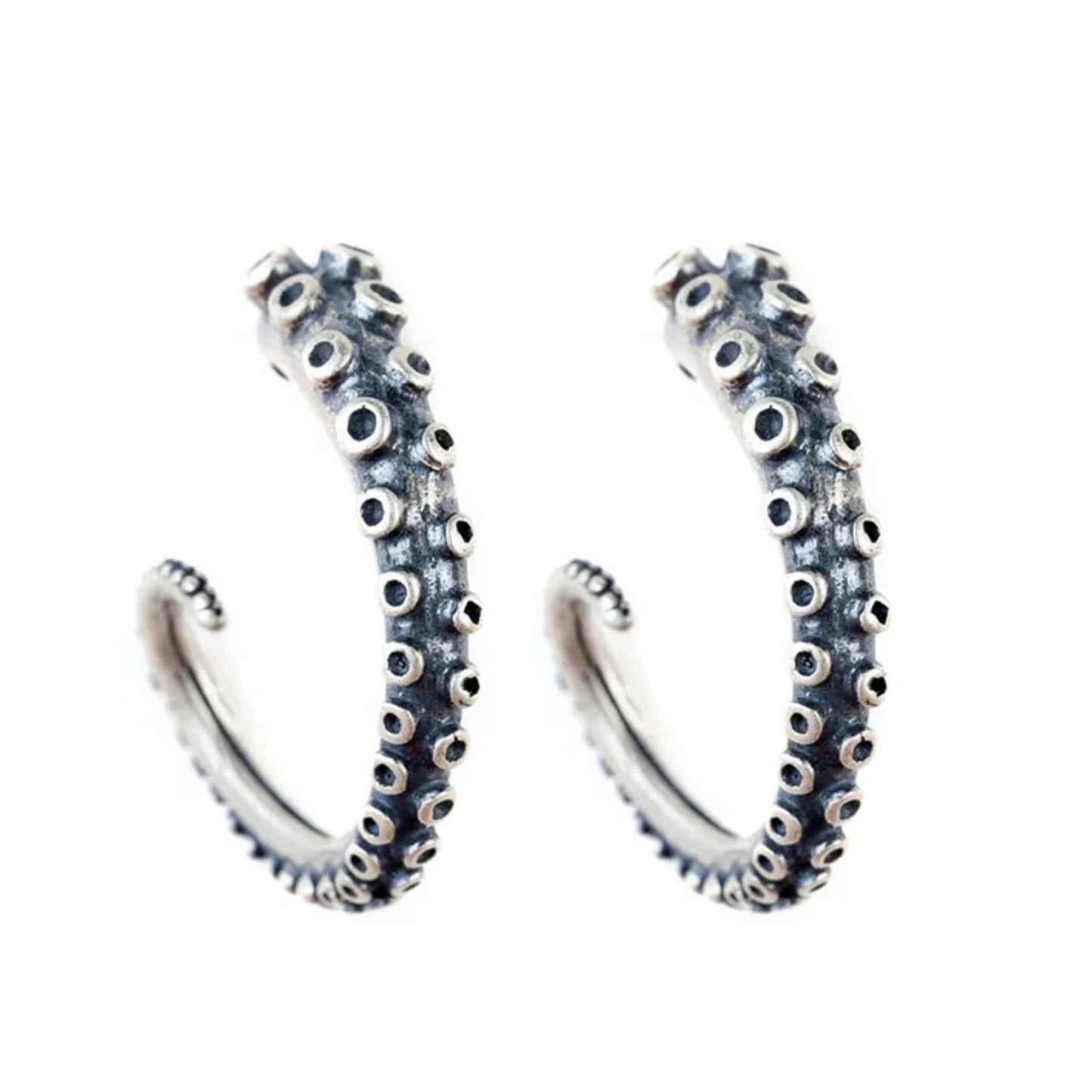Octopus Sea Monster Tentacle Hoop Earrings Antique Silver