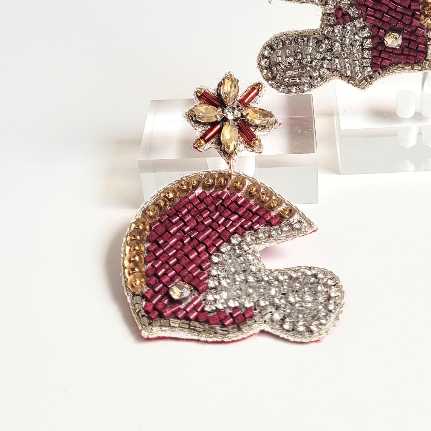 FSU Game Day Football Helmet Bejeweled Seed Bead Earrings Garnet and Gold