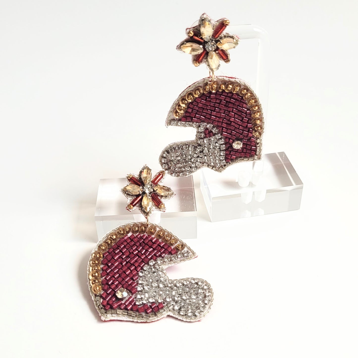 FSU Game Day Football Helmet Bejeweled Seed Bead Earrings Garnet and Gold