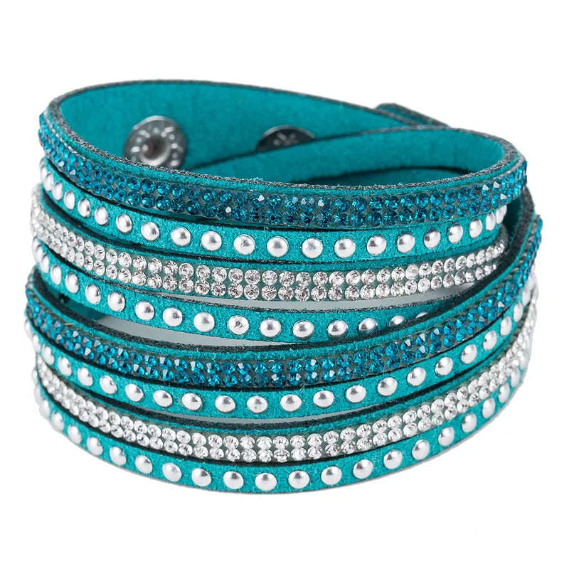 Studded Faux Leather Wrap Bracelet Crystal and Teal Rhinestones