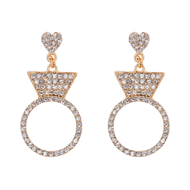 Engagement Ring Statement Dangle Earrings White Crystals with Gold