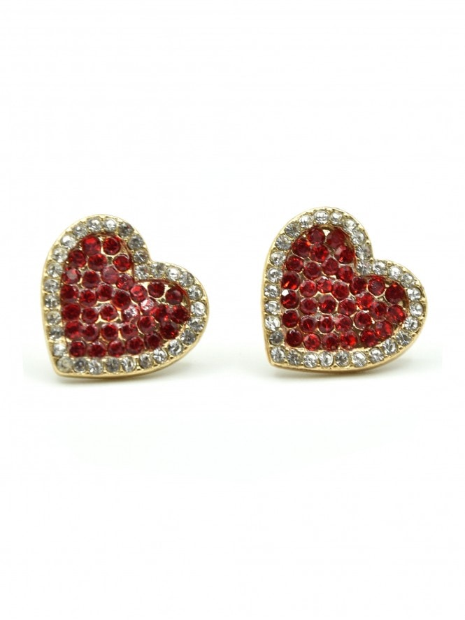 Sweetheart Collection Heart Shaped Crystal and Rhinestone Stud Earrings Red