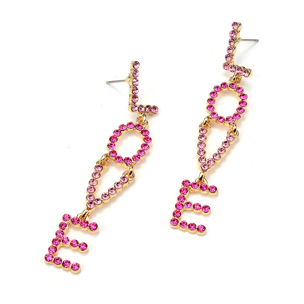 LOVE in Letters Rhinestone Drop Earrings Pink and Red