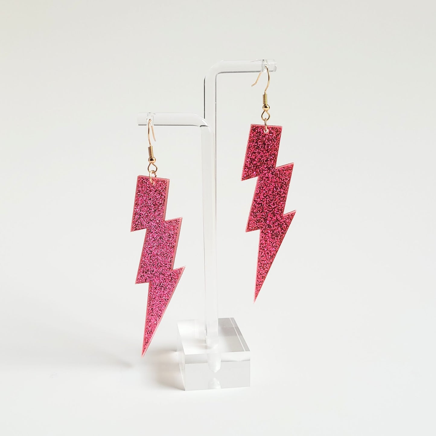 Pink Glitter Lightening Bolt Dangle Earrings