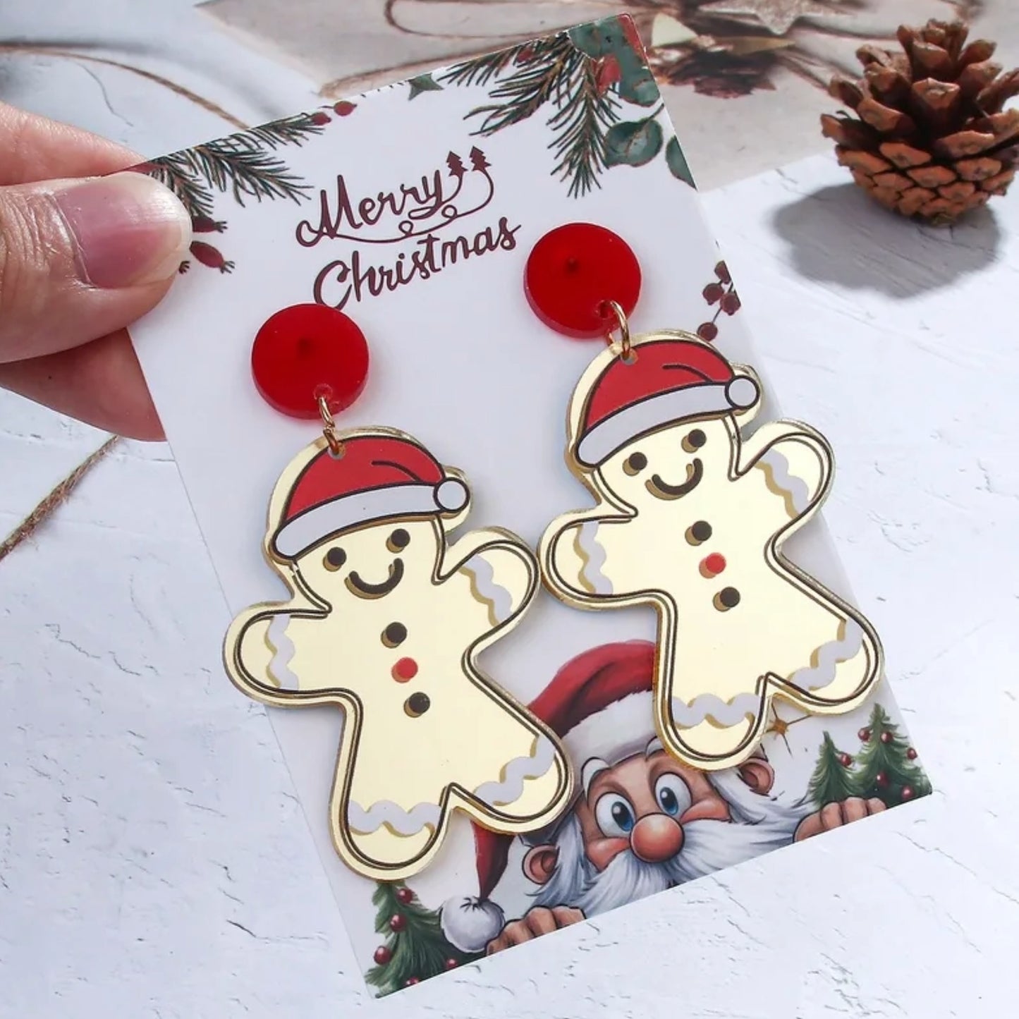 Shimmering Gingerbread Man Dangle Earrings Gold Mirrored Acrylic Red Accents