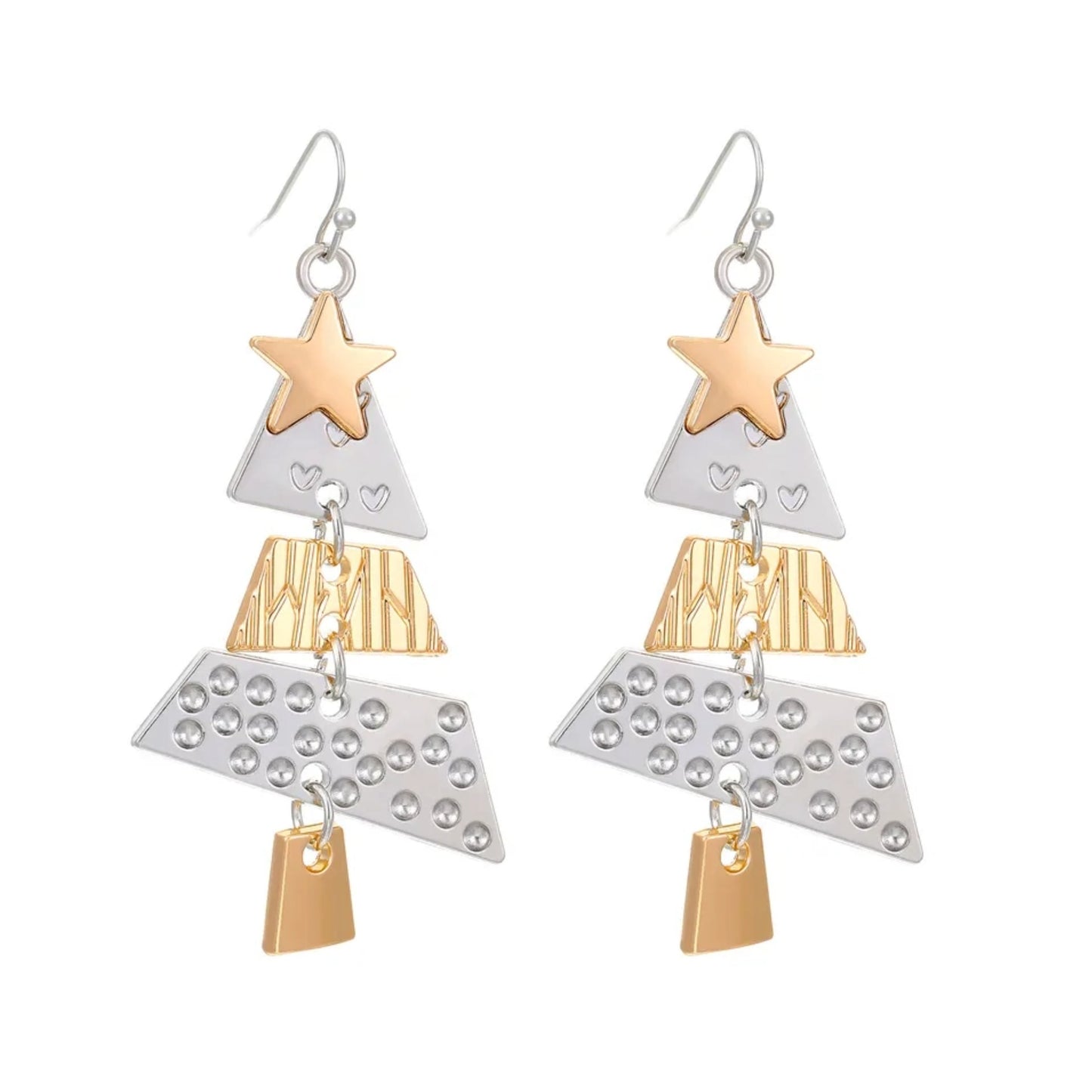 Pair of Christmas Tree earrings with geometric designs on a white background