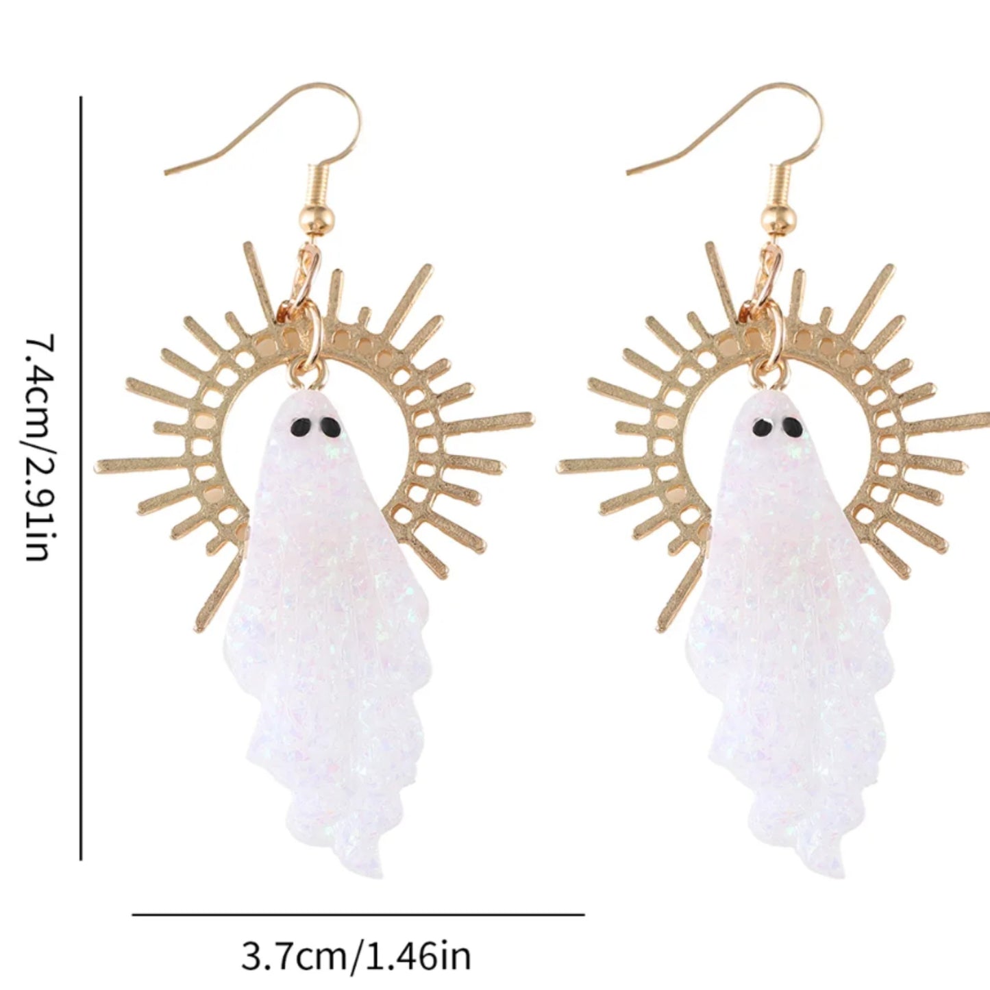 Pair of earrings with white shell-like designs and gold sunburst patterns, shown with measurements.