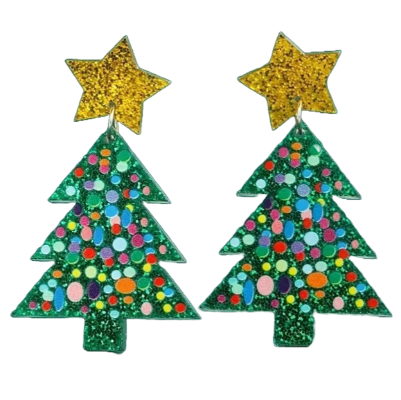 A pair of green acrylic dangle earrings featuring a Christmas tree design with multicolor sparkle accents, topped with a gold star.
