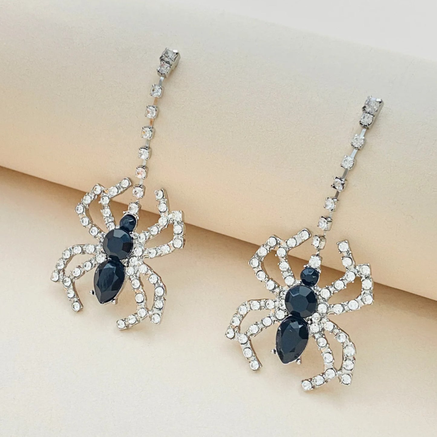 Glam Spider Drop Earrings with Rhinestones Black Crystals