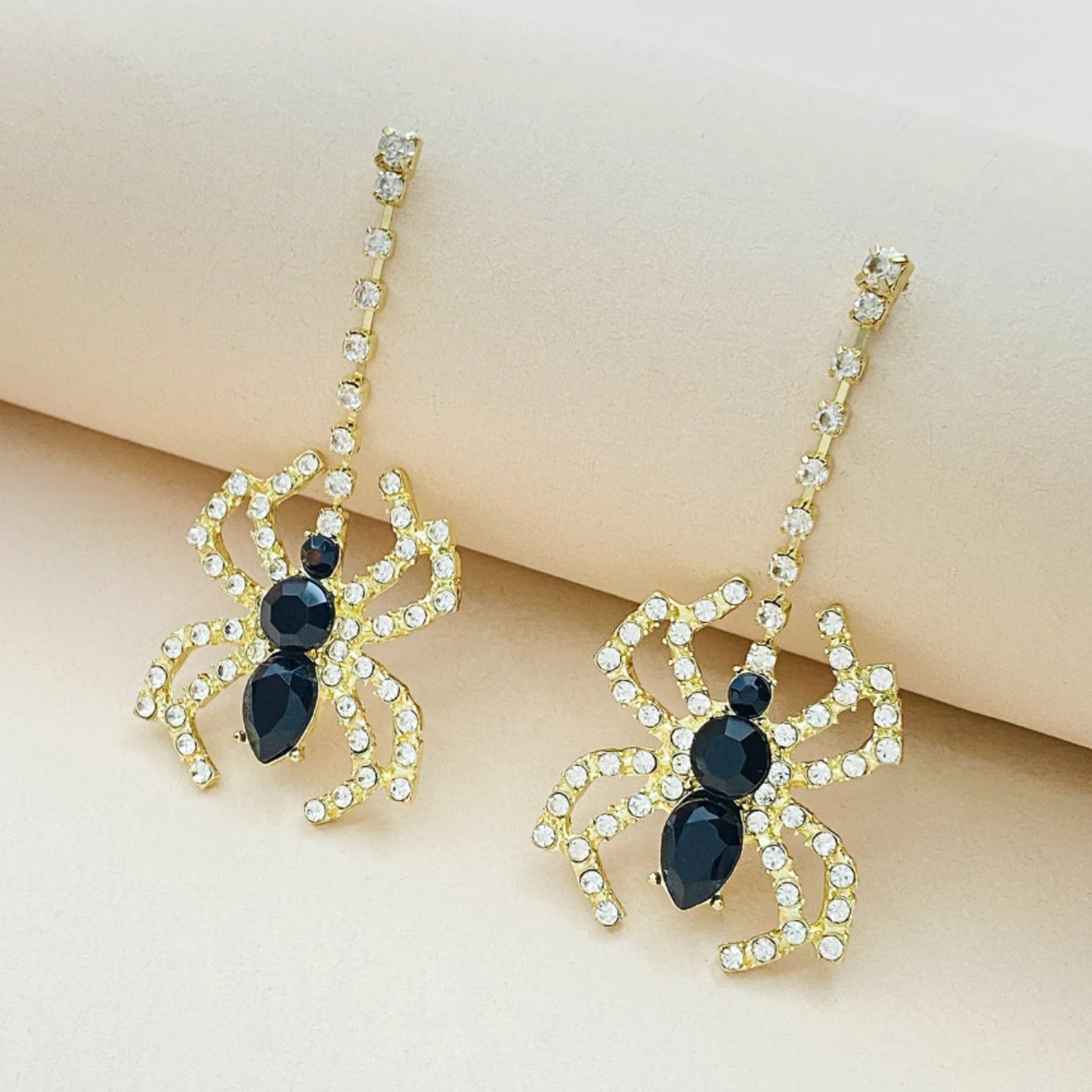 Glam Spider Drop Earrings with Rhinestones Black Crystals
