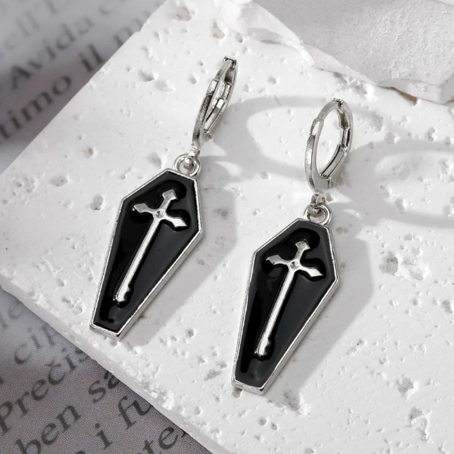 Cross Coffin Dangle Earrings Hugger Clasp in Silver Tone