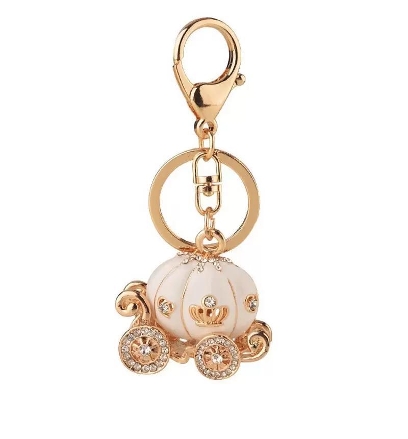 Pumpkin Carriage Bag Charm White Enamel Rhinestones in Gold Tone