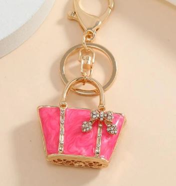 Mini Designer Handbag Purse Charm Gold Tone Pink Enamel Shimmer Crystal Accents