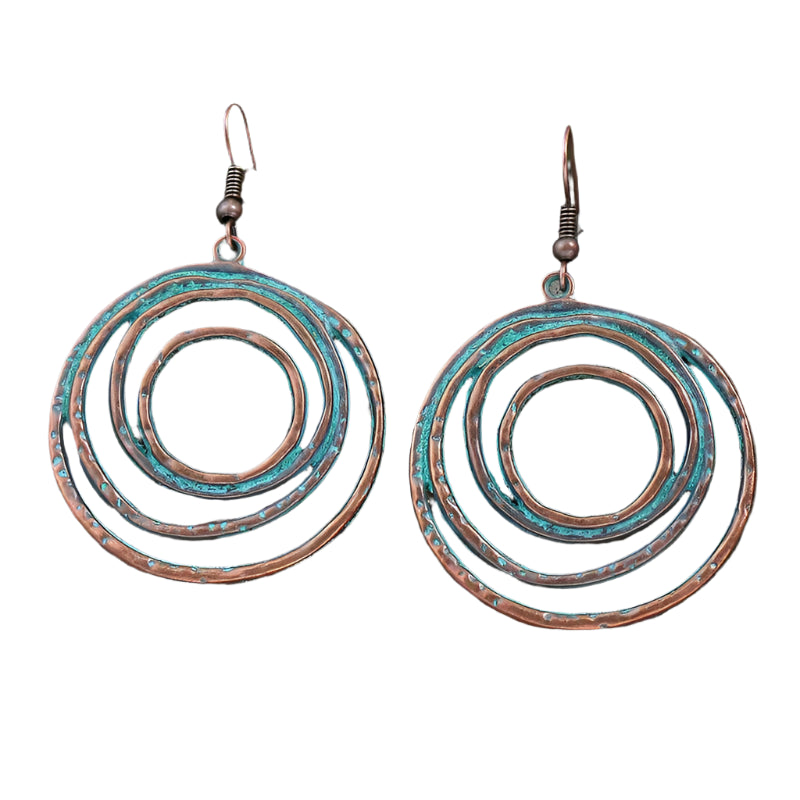A pair of dangle fishhook earrings with antique finish and abstract circular designs, predominantly in bronze and blue tones.