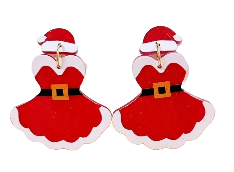 A pair of red and white acrylic earrings designed to resemble Santa hats with a Mrs. Claus dress, featuring gold accents and a belt buckle detail.