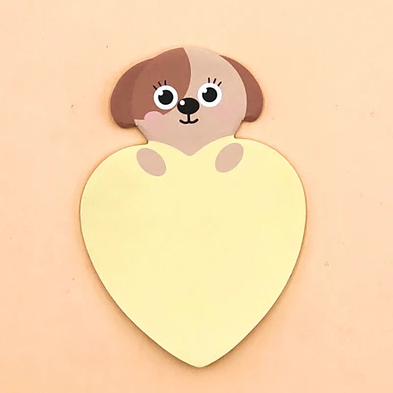 Cute cartoon dog sticky notes with a heart shape on a beige background