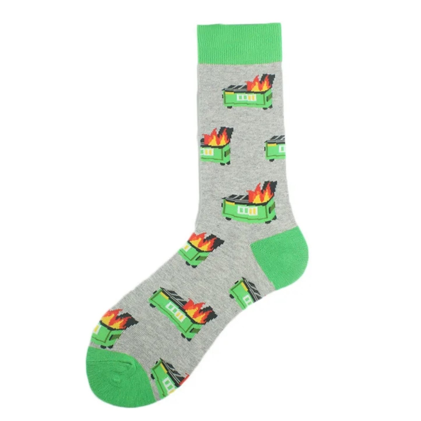 Gray sock with green trim featuring a pattern of green dumpsters on fire, on a white background.