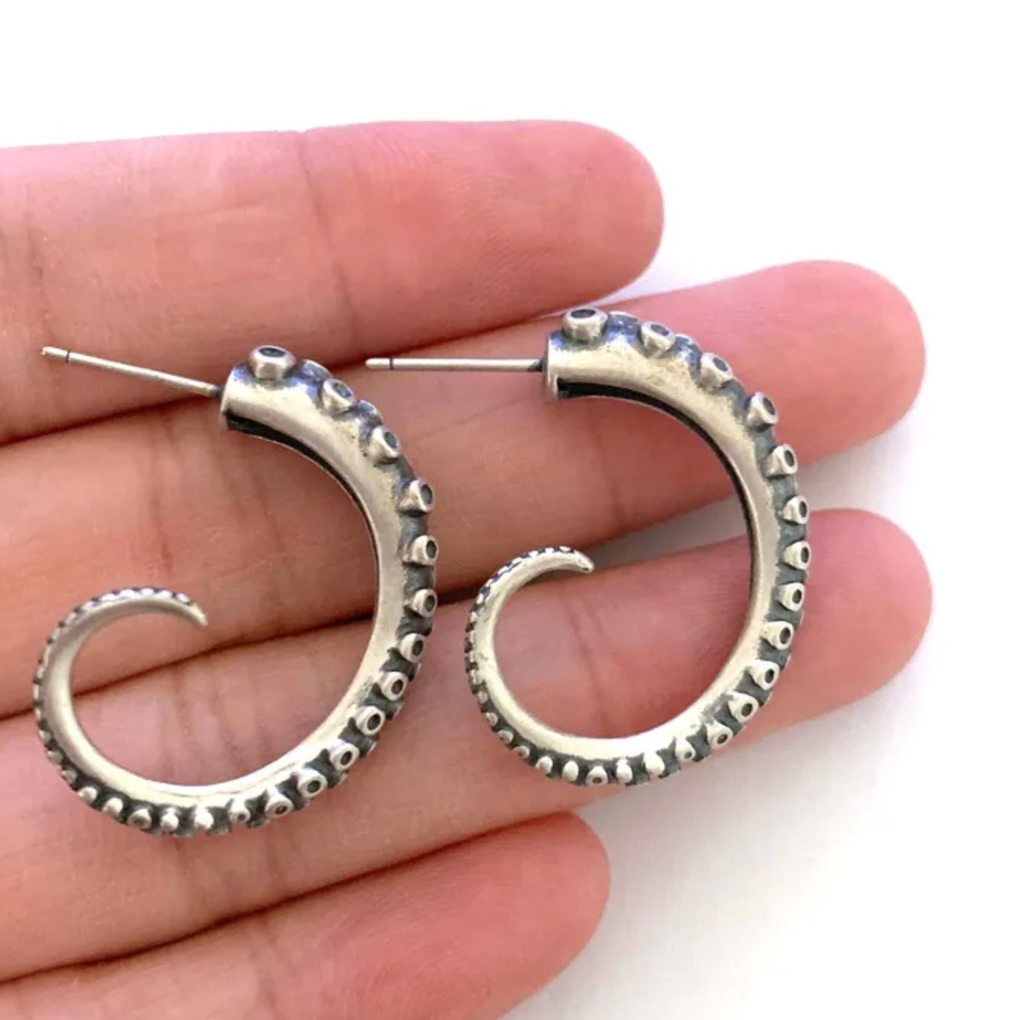 Octopus Sea Monster Tentacle Hoop Earrings Antique Silver
